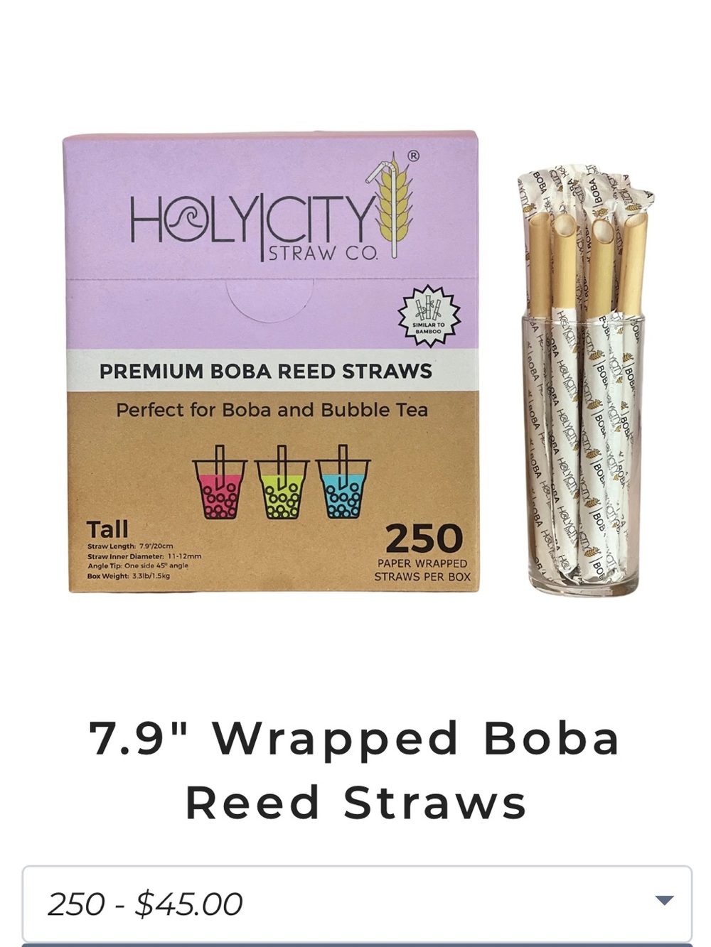 HolyCity Gold Wrapped Boba Reed Straws - 250 Pack